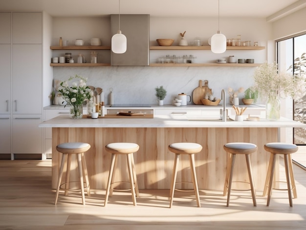 Modern kitchen with marble island and wooden stools