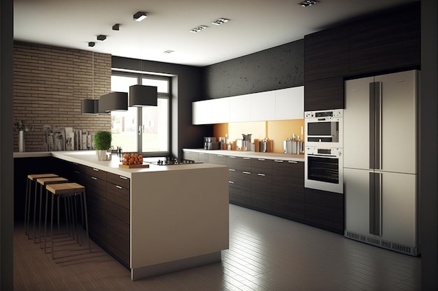 Modern kitchen with peninsula appliances and large window created using generative ai technology