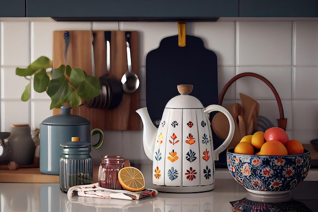 Modern kitchen with scandiboho touches including a vintage tea kettle and colorful dishware