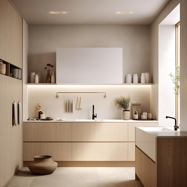 A modern kitchen with a sink and a shelf with a plant on it.