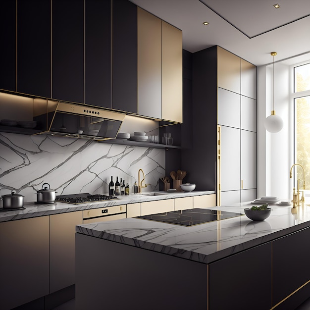 A modern kitchen with sleek black cabinets and elegant marble countertops