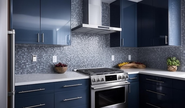 A modern kitchen with sleek blue cabinets stainless steel appliances and a mosaic tile backsplash