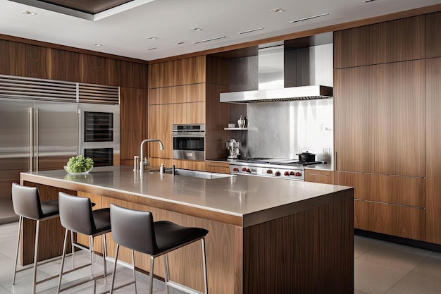 A modern kitchen with sleek wooden panels and stainless steel accents created with generative ai