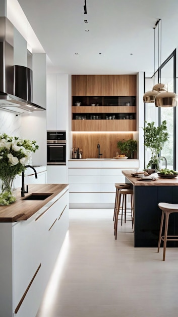 A Modern Kitchen with a Stylish Counter Functional Sink HighQuality Oven and Comfortable Stools