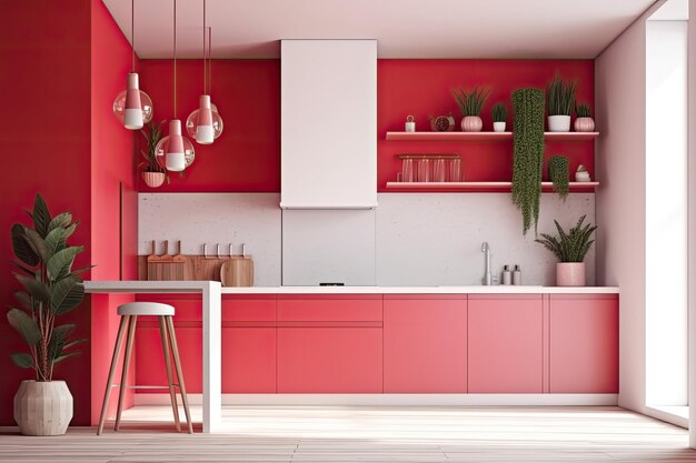 Modern kitchen with vibrant red walls and sleek white countertops Generative AI