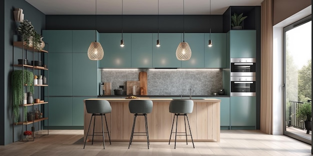 Photo modern kitchen with warm colour walls
