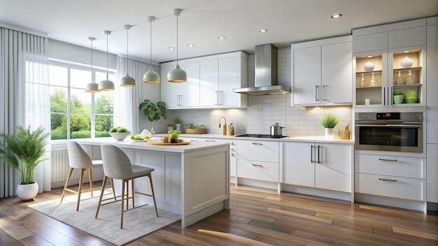modern kitchen with white cabinets and island