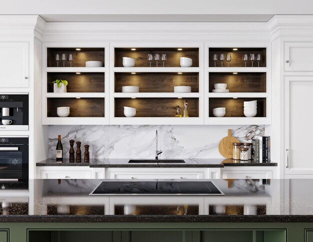 modern kitchen with white wooden cabinet and table 3d render interior