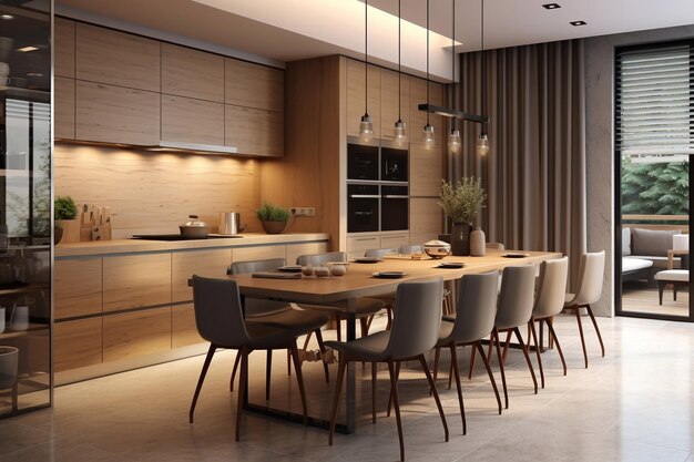 modern kitchen with wooden island 3d rendering