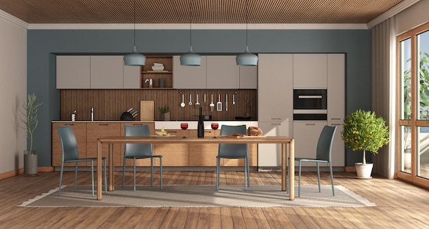 Modern kitchen with wooden table and blue chairs