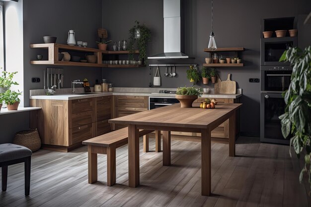 A modern kitchen with a wooden table for preparing and serving food created with generative ai