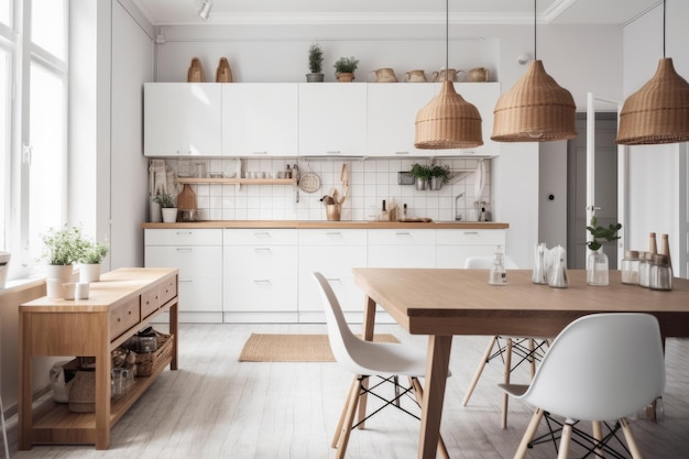 Modern kitchen with a wooden table and white chairs generative ai