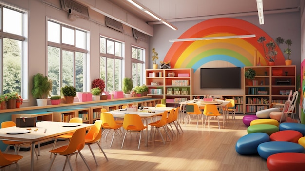 Foto modern klaslokaal met felle kleuren en speelgoed