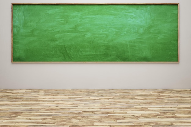 Modern klaslokaalinterieur met groen schoolbord en houten vloeren Mock-up plaats Terug naar schoolconcept 3D-rendering