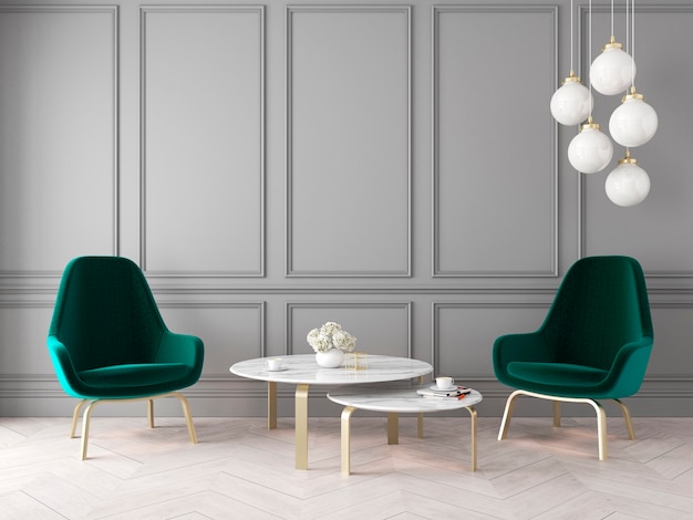 Modern klassiek interieur met fauteuils, lamp, tafel, wandpanelen en houten vloer. 3D render illustratie.