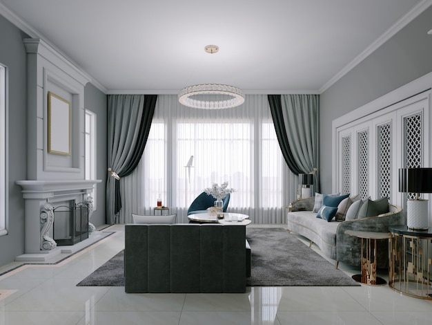 Modern klassiek woonkamerinterieur met ingebouwde witte kledingkast en grijze muren met gouden bijzettafels 3D-rendering