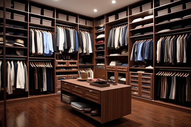 Modern kledingkastinterieur met kleding op planken in de kleedkamer