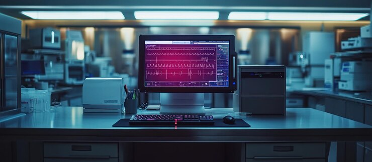 Photo modern lab workstation with computer displaying medical data
