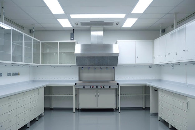 Photo modern laboratory interior with fume hoods for safe chemical handling in science classroom of