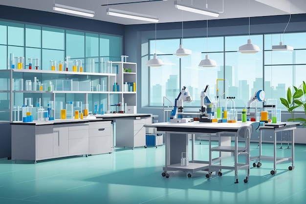 Modern laboratory room Place for biological and chemical research Science genetic engineering Class for teaching students at university or pupils at school Cartoon flat vector illustration