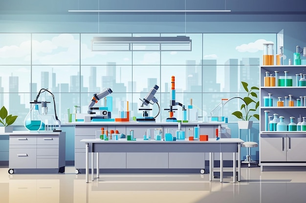 Modern laboratory room Place for biological and chemical research Science genetic engineering Class for teaching students at university or pupils at school Cartoon flat vector illustration