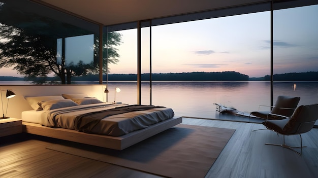 modern lake cabin bedroom in the style of uhd image realistic landscapes with soft