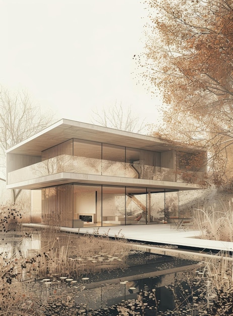 Modern lakeside house with autumn trees reflected in the water