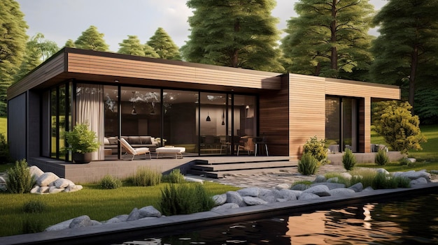 Modern lakeside house with large windows surrounded by pine trees at dusk