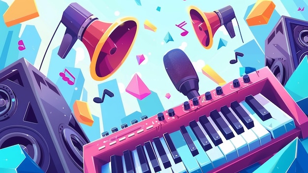 Modern landing page with cartoon illustration of synthesizer keyboard loudspeakers and microphone for musical festival live concert