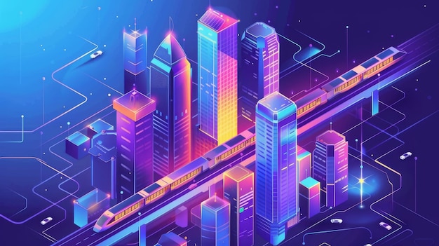 Modern landing page with isometric illustration of modern town with skyscrapers monorail train and car road Smart city solutions banner design Sustainable development urban infrastructure