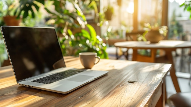 Modern laptop and coffee cup mockup on a wooden table in a creative workspace