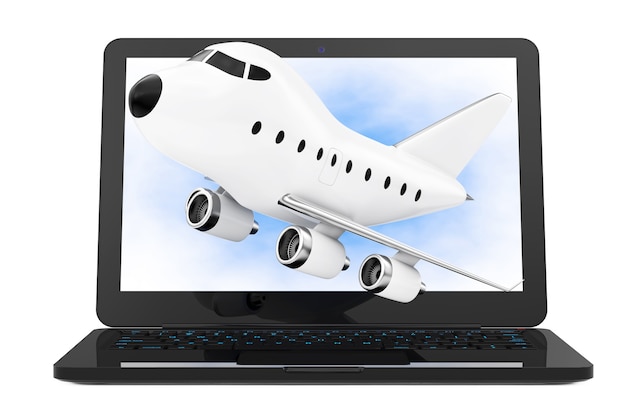 Modern laptop computer with cartoon toy jet airplane flying out from screen on a white background. 3d rendering.