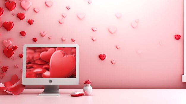 Foto computer portatile moderno con schermo cuore d'amore su tavolo di legno su sfondo rosso sfocato business int