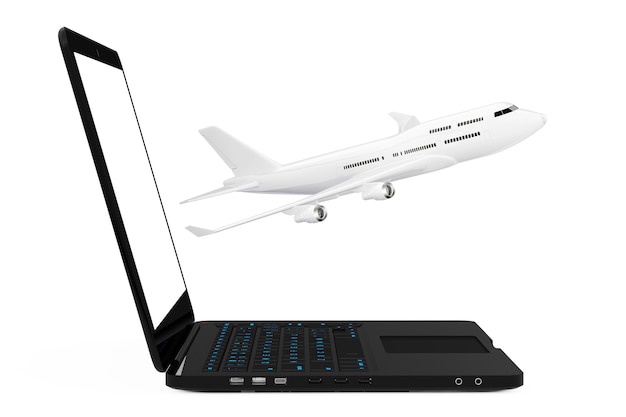 Modern Laptop Computer with White Jet Passenger's Airplane Flying out from Screen on a white background. 3d Rendering.