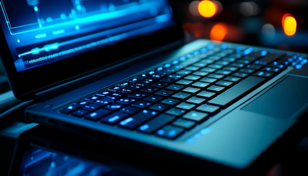 Modern laptop keyboard illuminated with blue light working in dark office generated by artificial intelligence