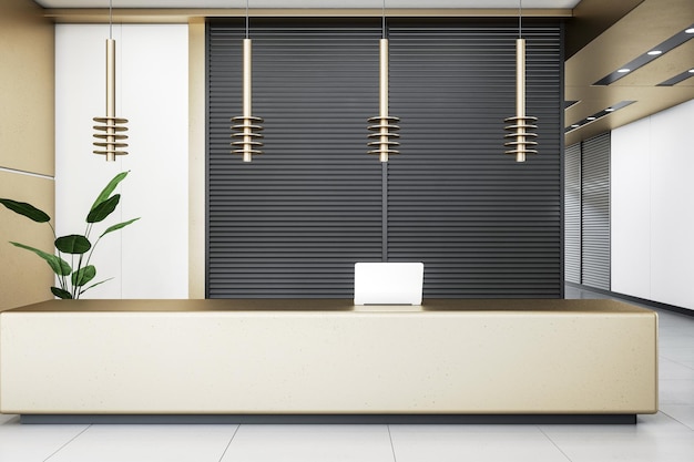 Modern laptop on long reception desk in stylish office with\
green plant on black and white wall background 3d rendering