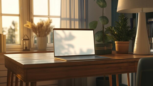 Фото Современный макет ноутбука с пустым экраном на деревянном столе в уютном домашнем офисе