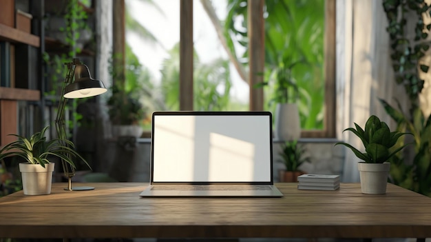 Современный макет ноутбука с пустым экраном на деревянном столе в уютном домашнем офисе