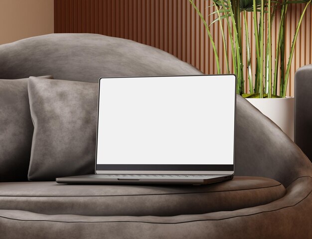 Photo modern laptop with blank screen on the couch responsive web design and website mockup laptop mockup