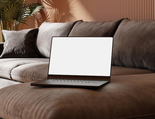 Photo modern laptop with blank screen on the couch responsive web design and website mockup laptop mockup