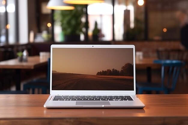 Modern laptop with blank white screen on wooden table