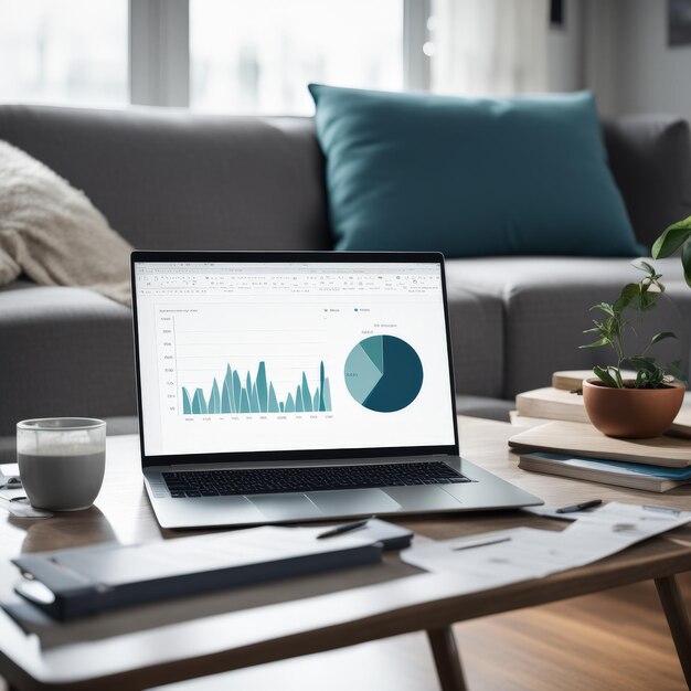 Photo modern laptop with charts and graphs on table in room business and finance conceptmodern lapto