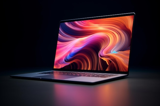 Modern Laptop With Colorful Abstract Wallpaper on Display in a Dark Room