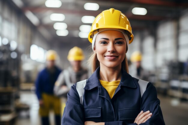 Foto una grande fabbrica moderna con container sullo sfondo una donna lavoratrice con un casco duro sul loro