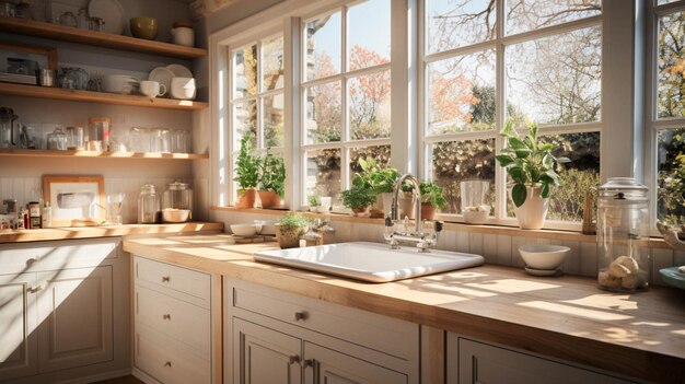 Modern large kitchen with a large window and a sink