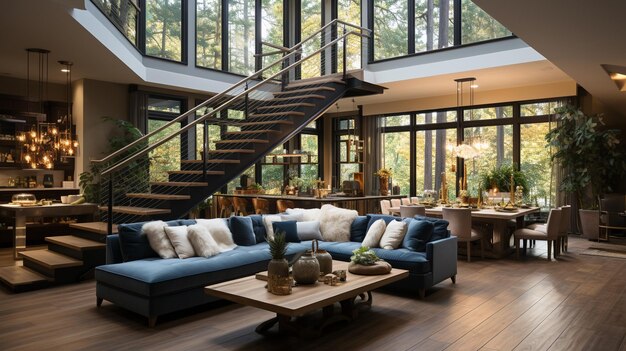 Modern large living room interior with furniture arrangement sofa set AI Generated Image