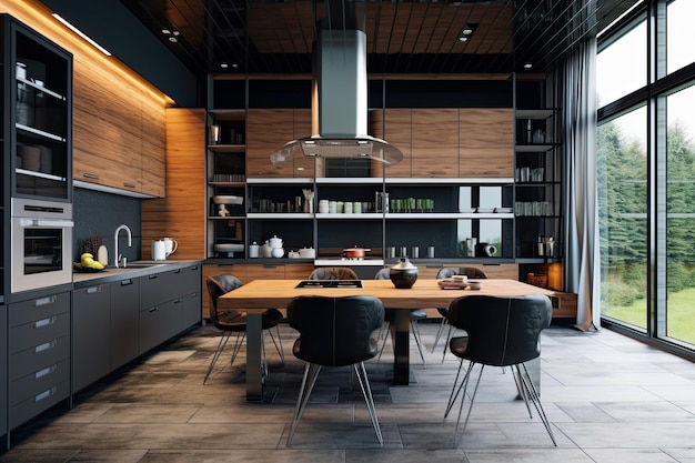 Modern large luxurious dark brown gray and black cozy kitchen interior