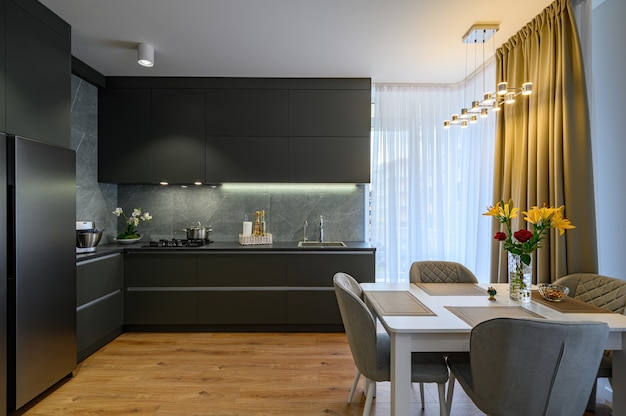 Modern large luxury dark gray kitchen