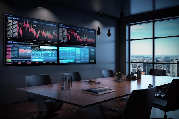 Современное большое конференц-зал и офис, где отображаются живые графики и диаграммы фондового рынка Генеративный ИИ