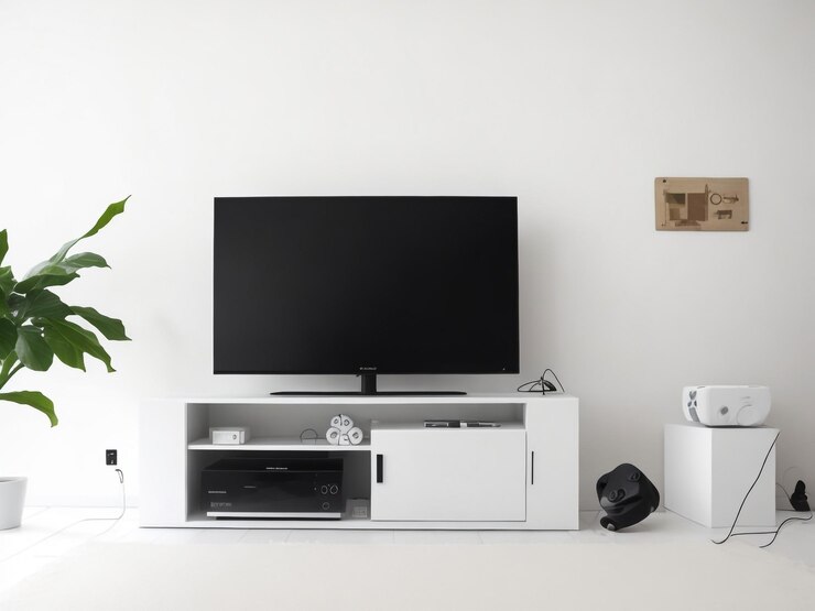 スマートテレビモッケージ 3Dレンダリングのグレーの壁付きの木製のリビングルーム
